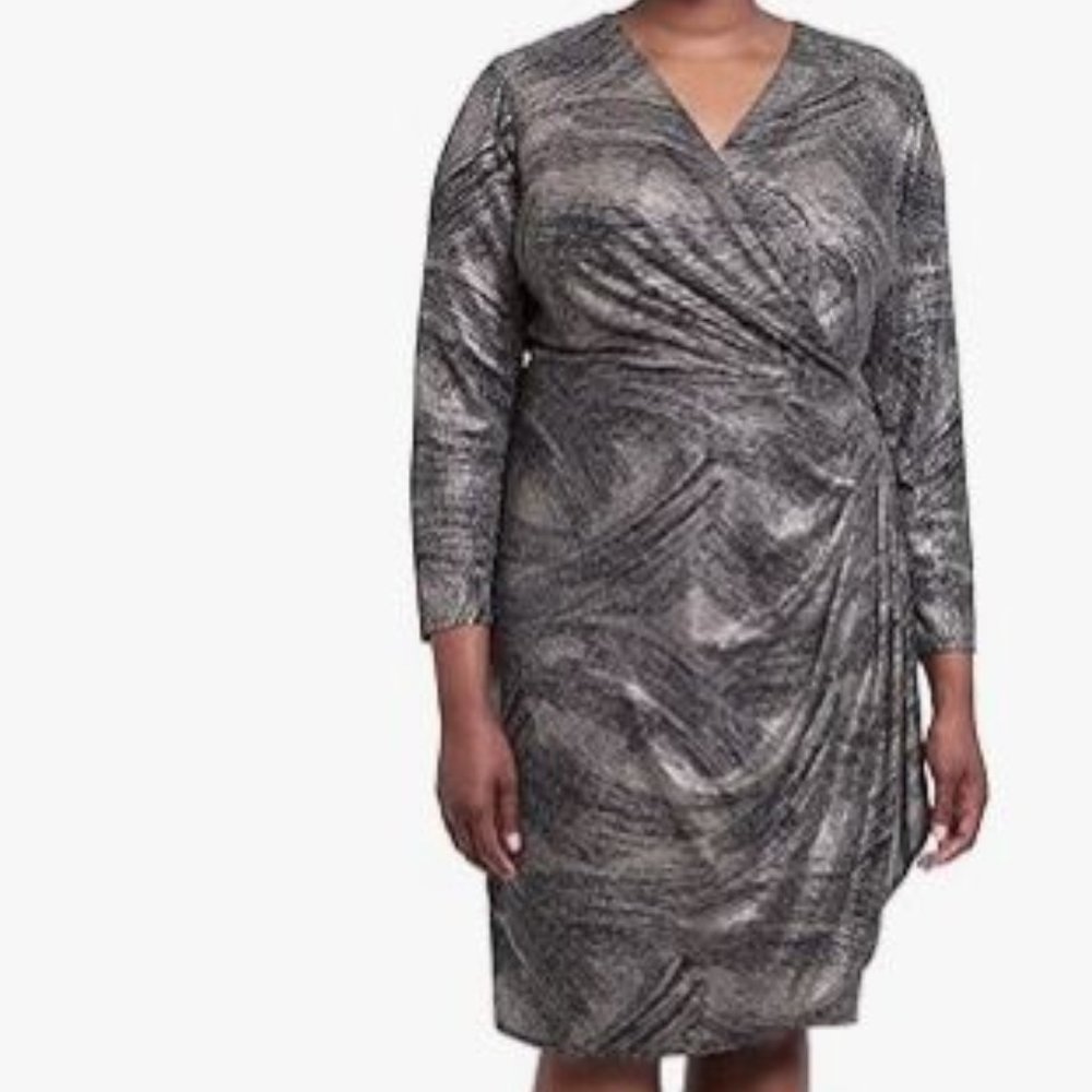 London Times Women's Plus Size Long Sleeve Surplus Bodice Dress with Draping Det
